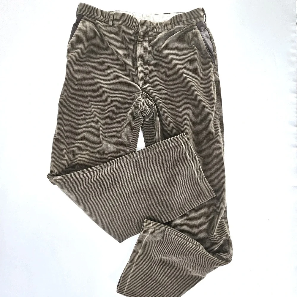 Orvis Mens Corduroy Pants 36 Brown Wide Wale Leather Trim Made in USA Trousers